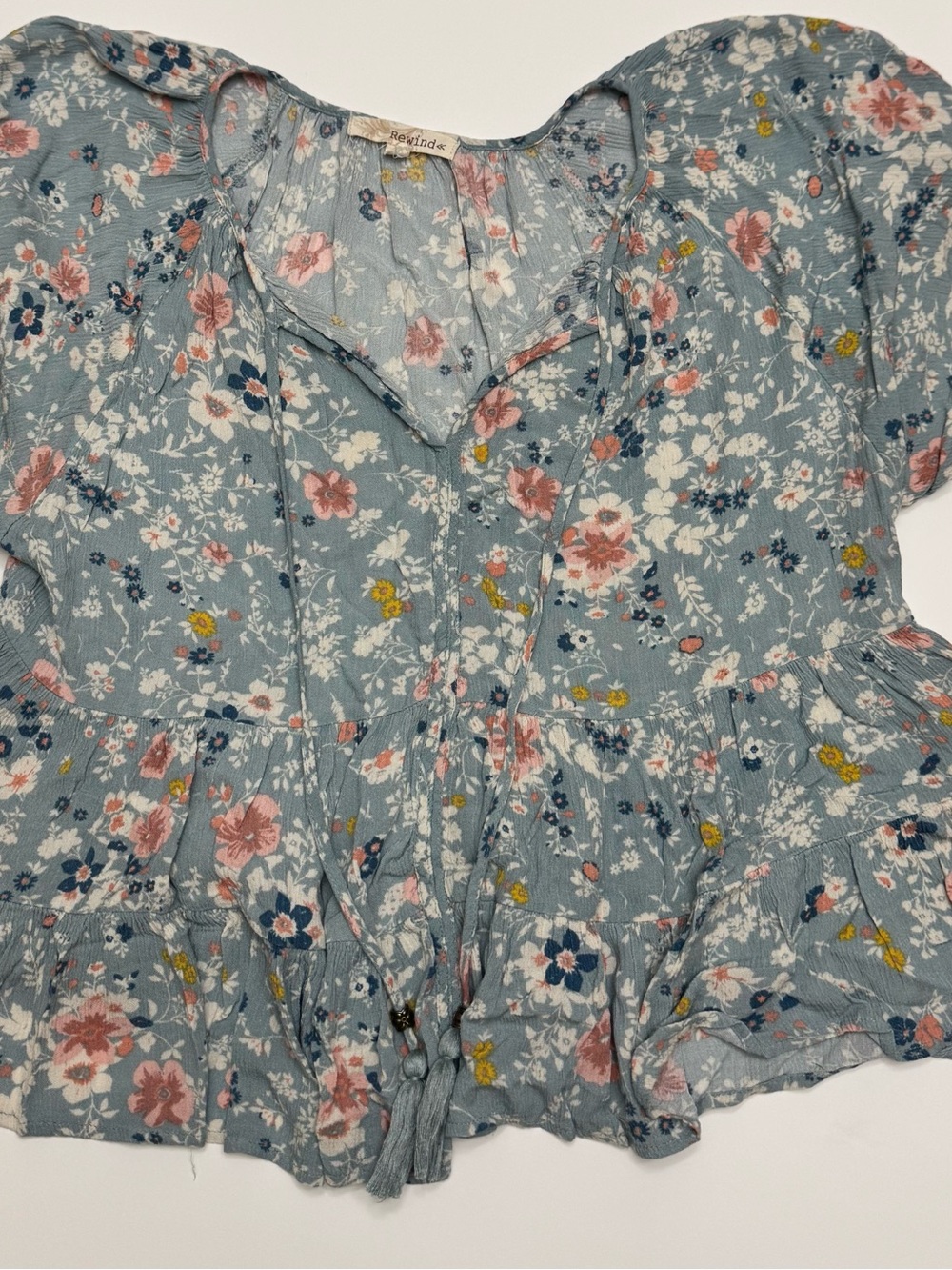 Rewind Blue Floral Tie-Front Peasant Blouse - Picture 1 of 4